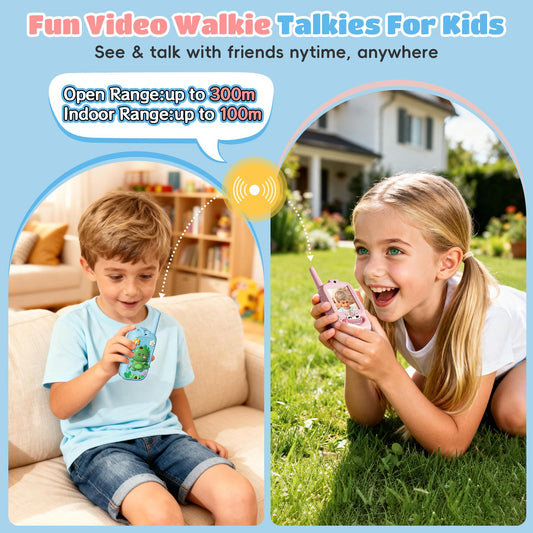 Two pack kids video walkie talkie set with pink and blue cute silicone covers