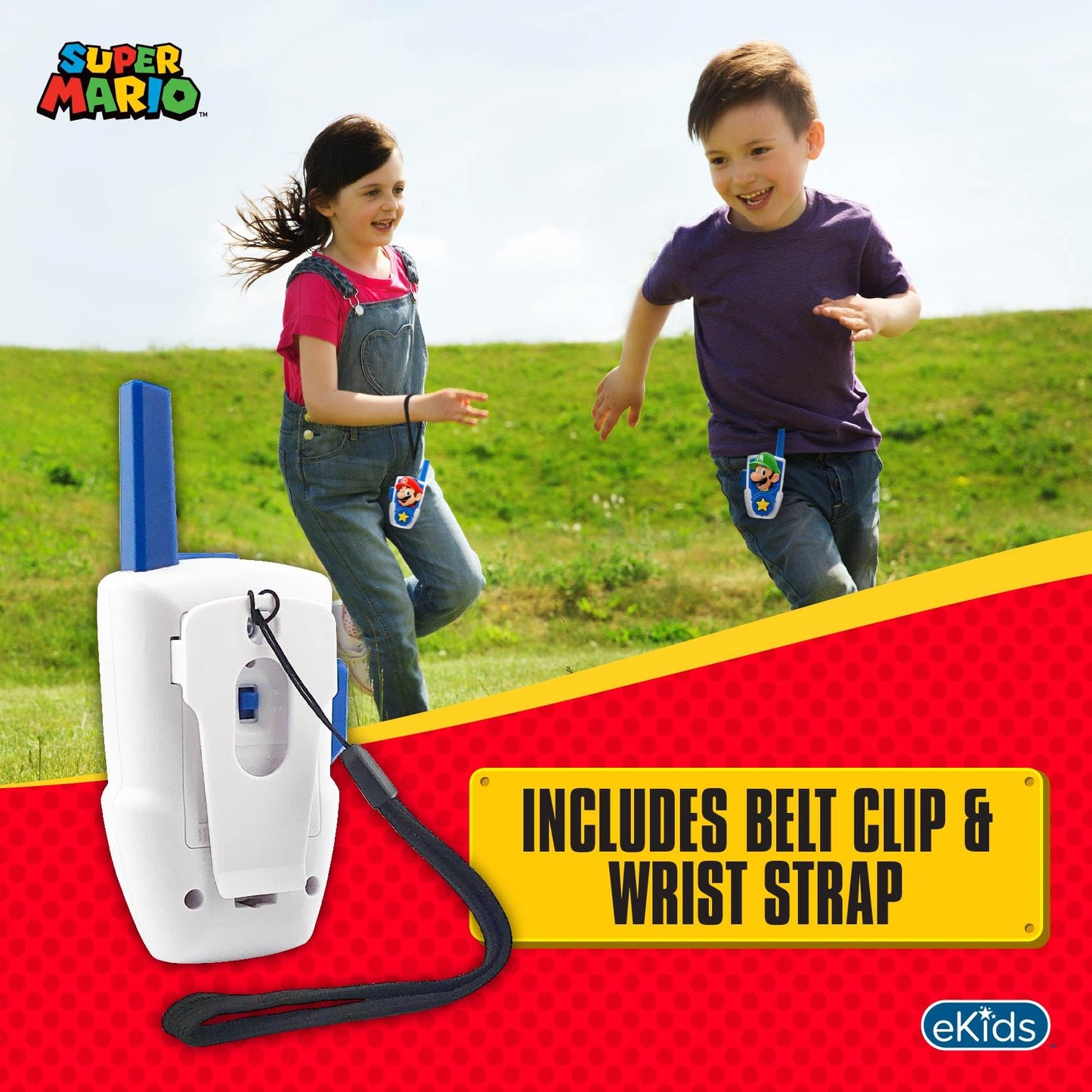 Kid friendly long range walkie talkies showcasing built in belt clips and wrist straps