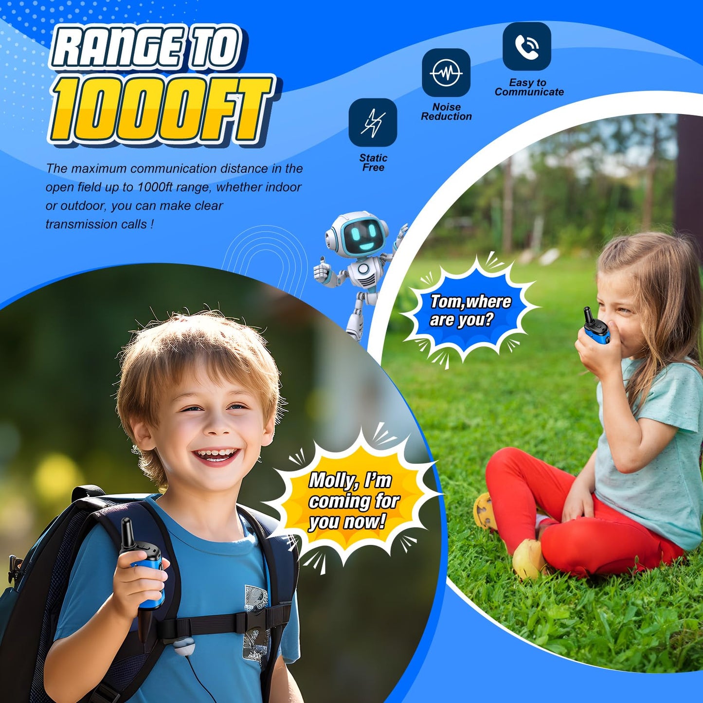 Two blue robot two way radio toys displaying compact size for small children hands