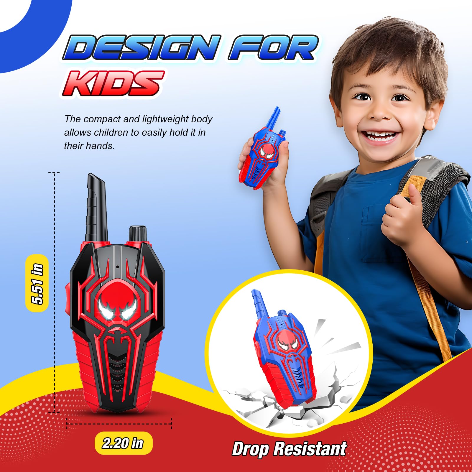 Lightweight seventy gram ergonomic walkie talkies designed for small hands of young boys and girls