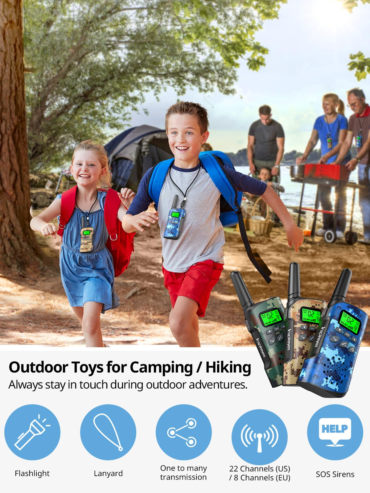 Four pack of camouflage long range two way radios for kids with belt clips attached
