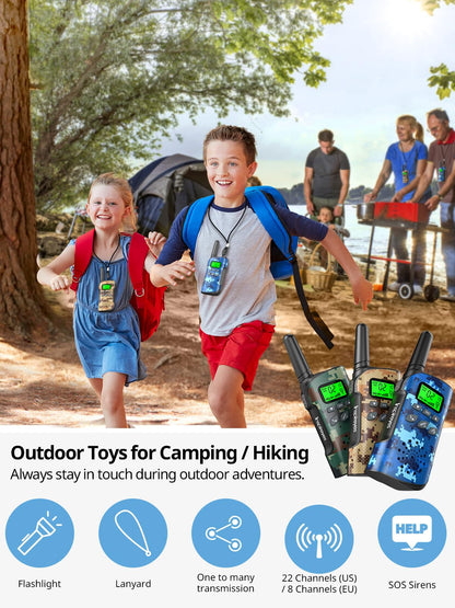 Four pack of camouflage long range two way radios for kids with belt clips attached