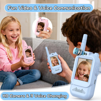 Hangrui children two way radios showing the built-in camera lens and easy to press navigation buttons.