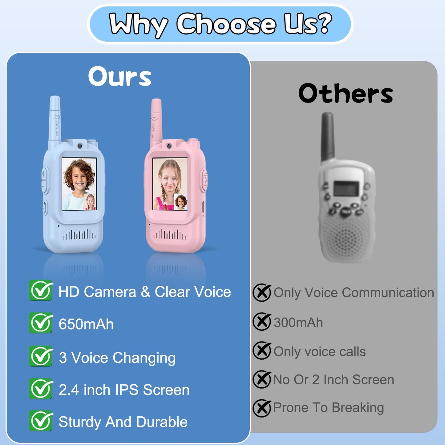 Rear casing view of the blue and pink interactive walkie talkies highlighting the secure battery compartment.