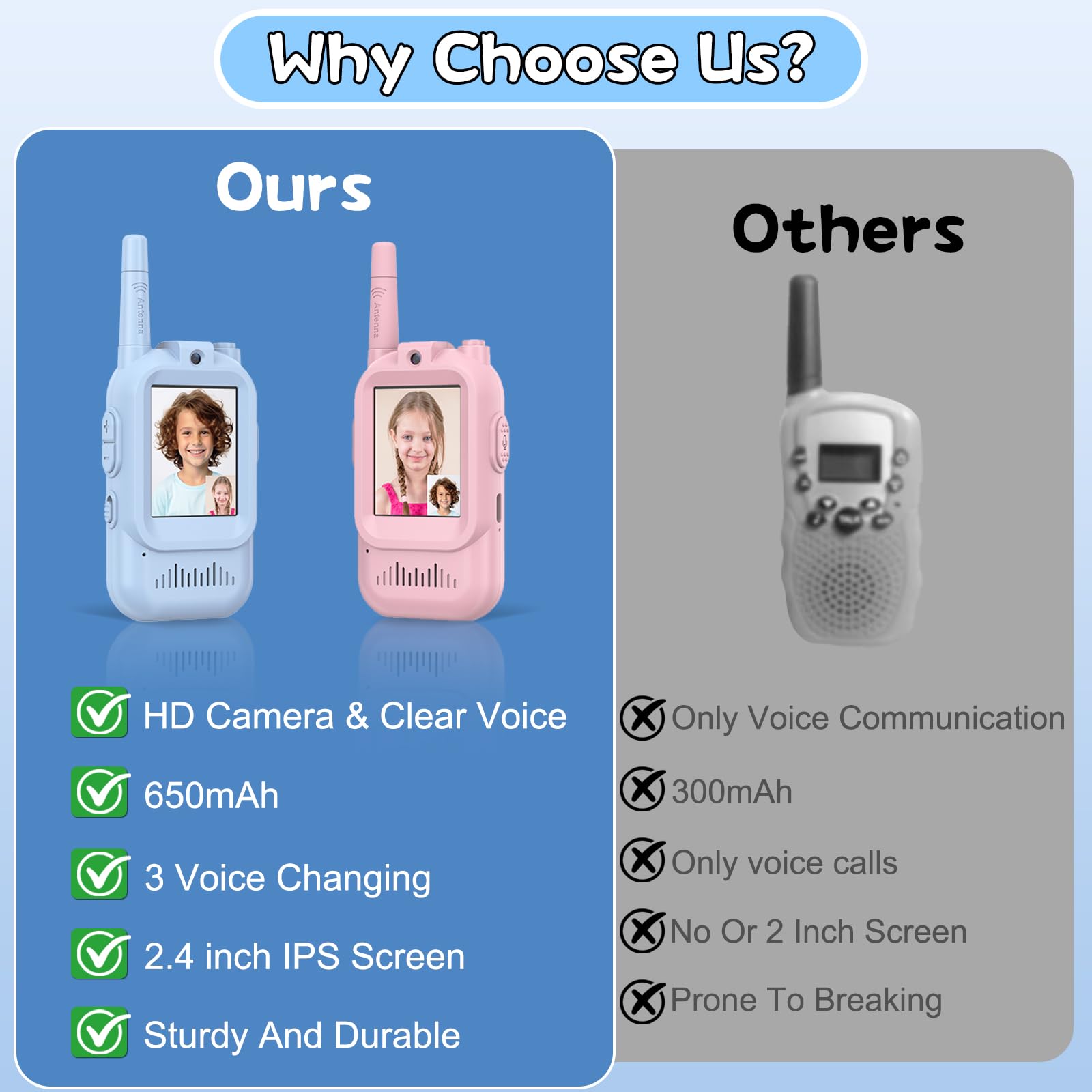 Rear casing view of the blue and pink interactive walkie talkies highlighting the secure battery compartment.
