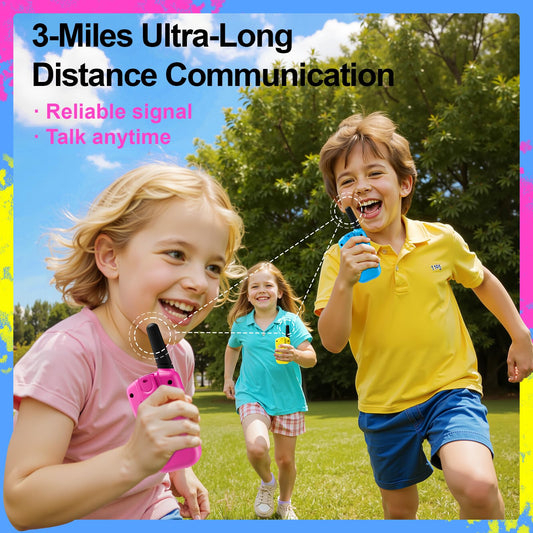 Three pack of children two way radios with backlit liquid crystal display screens turned on.