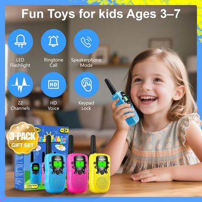 Rechargeable kids long range walkie talkie set displaying the built in flashlight feature.