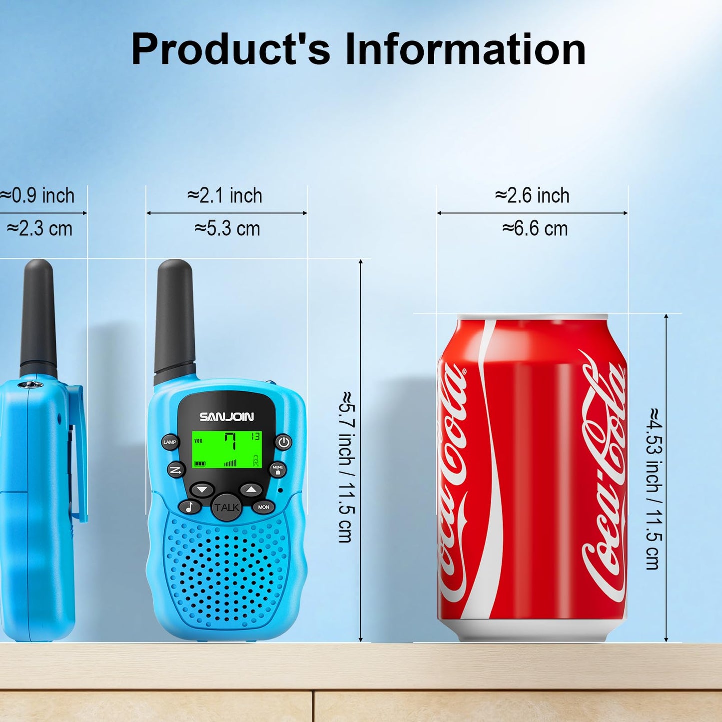 Top view of three colorful kids radios with antenna and clear button layout visible.