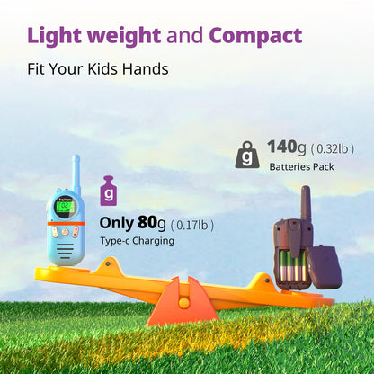 Demonstration of the integrated flashlight feature on top of the blue rechargeable walkie talkie unit.
