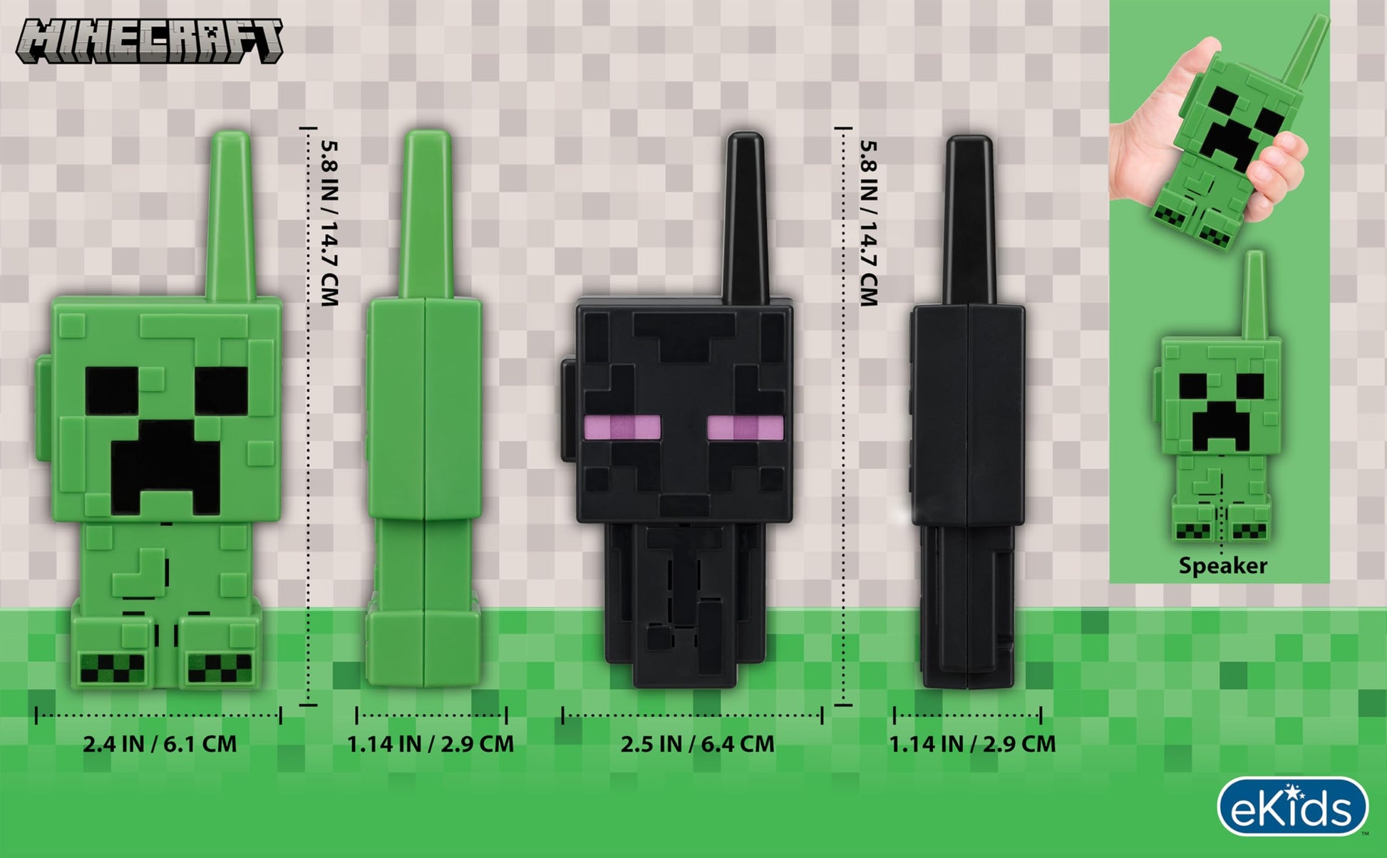 Imported Minecraft character walkie talkies illustrating the lightweight ergonomic grip for kids