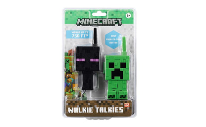 eKids Minecraft extended range walkie talkies set up on a table showing premium pixel textures
