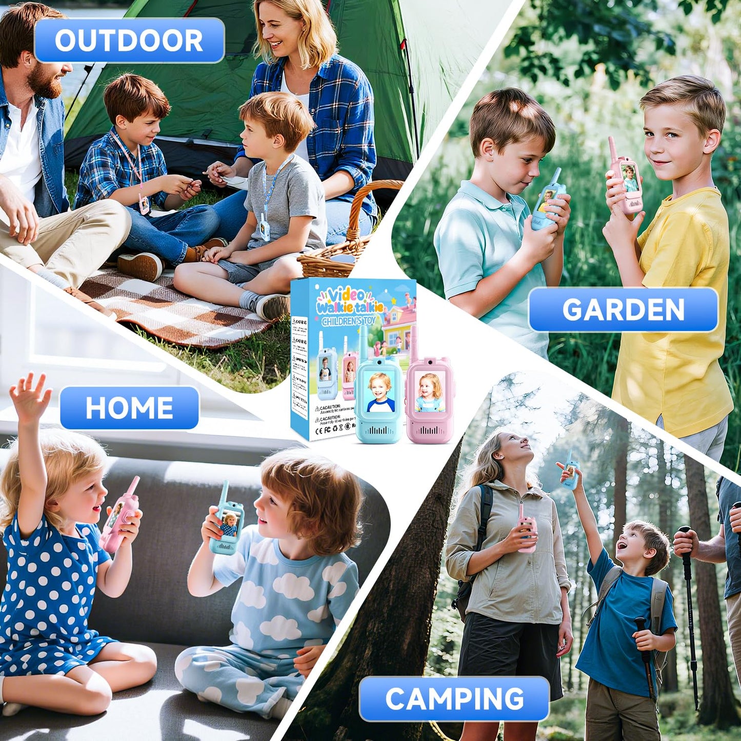 Rechargeable kids video walkie talkie set showing the charging port location and included power accessories
