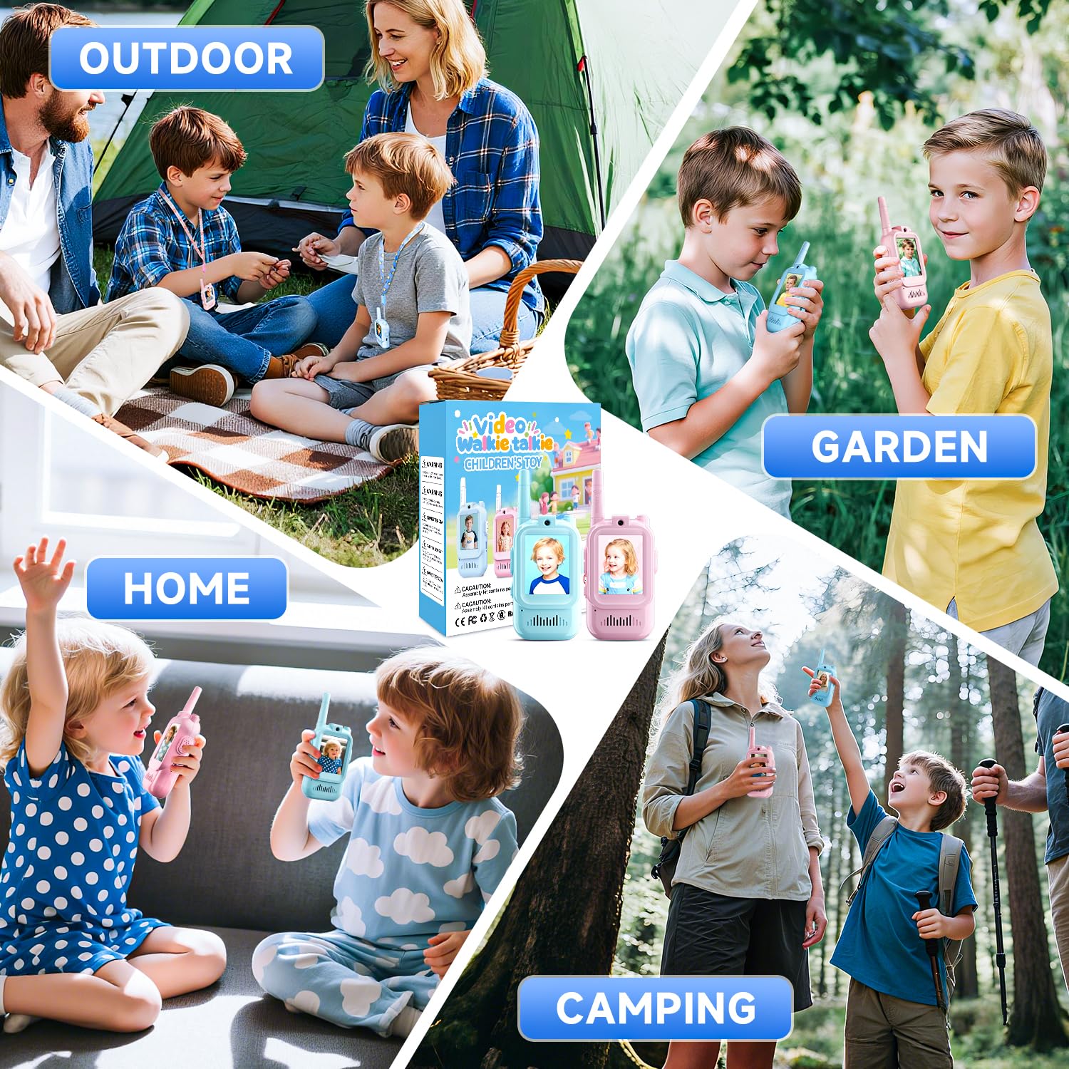 Rechargeable kids video walkie talkie set showing the charging port location and included power accessories