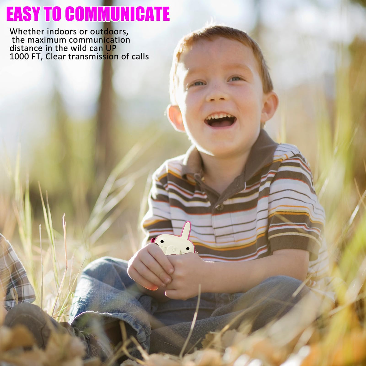 Kid friendly pink walkie talkies featuring push to talk communication buttons