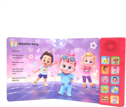 Toddler hands using the Pinkfong Bebefinn musical sound book