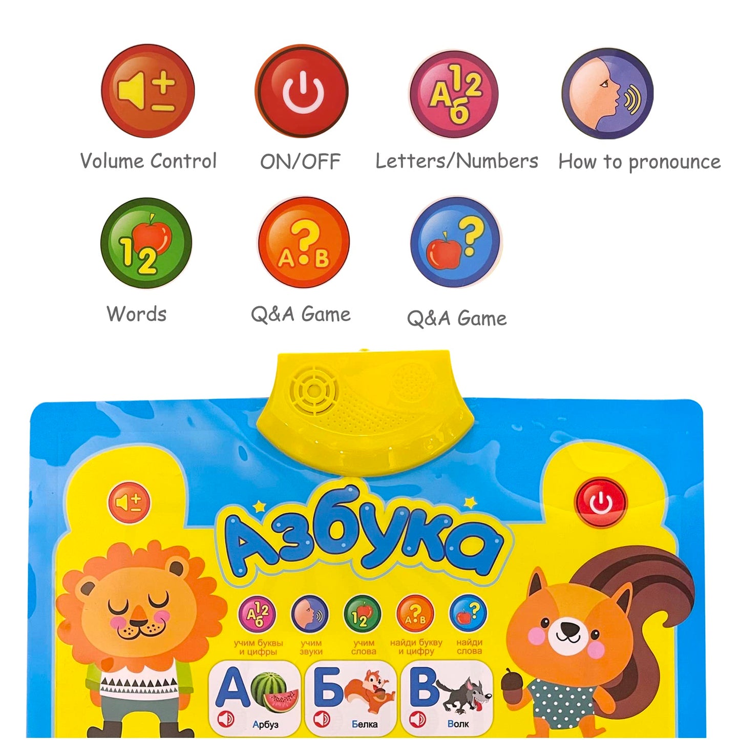 Child interacting with Russian learning poster musical features