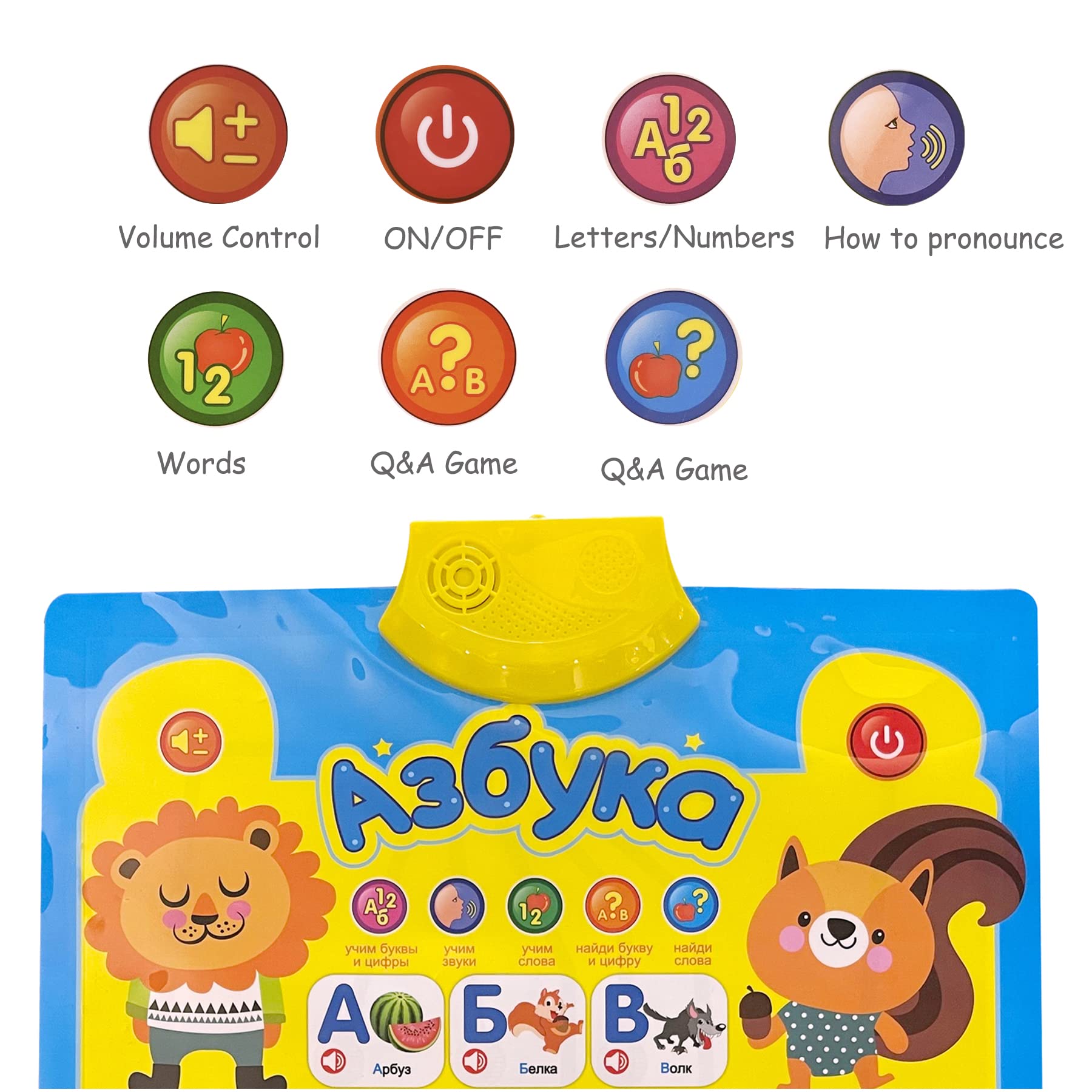 Child interacting with Russian learning poster musical features