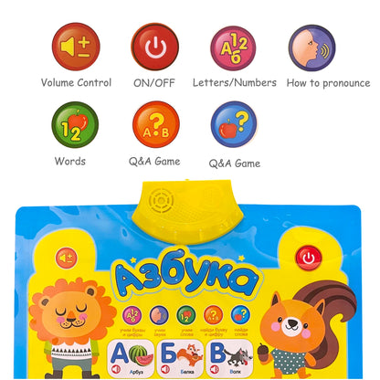 Child interacting with Russian learning poster musical features