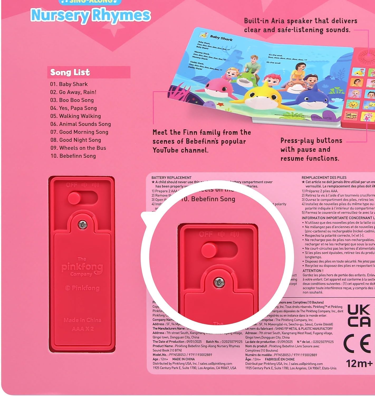 Close up of Pinkfong Bebefinn sound book Aria speaker detail