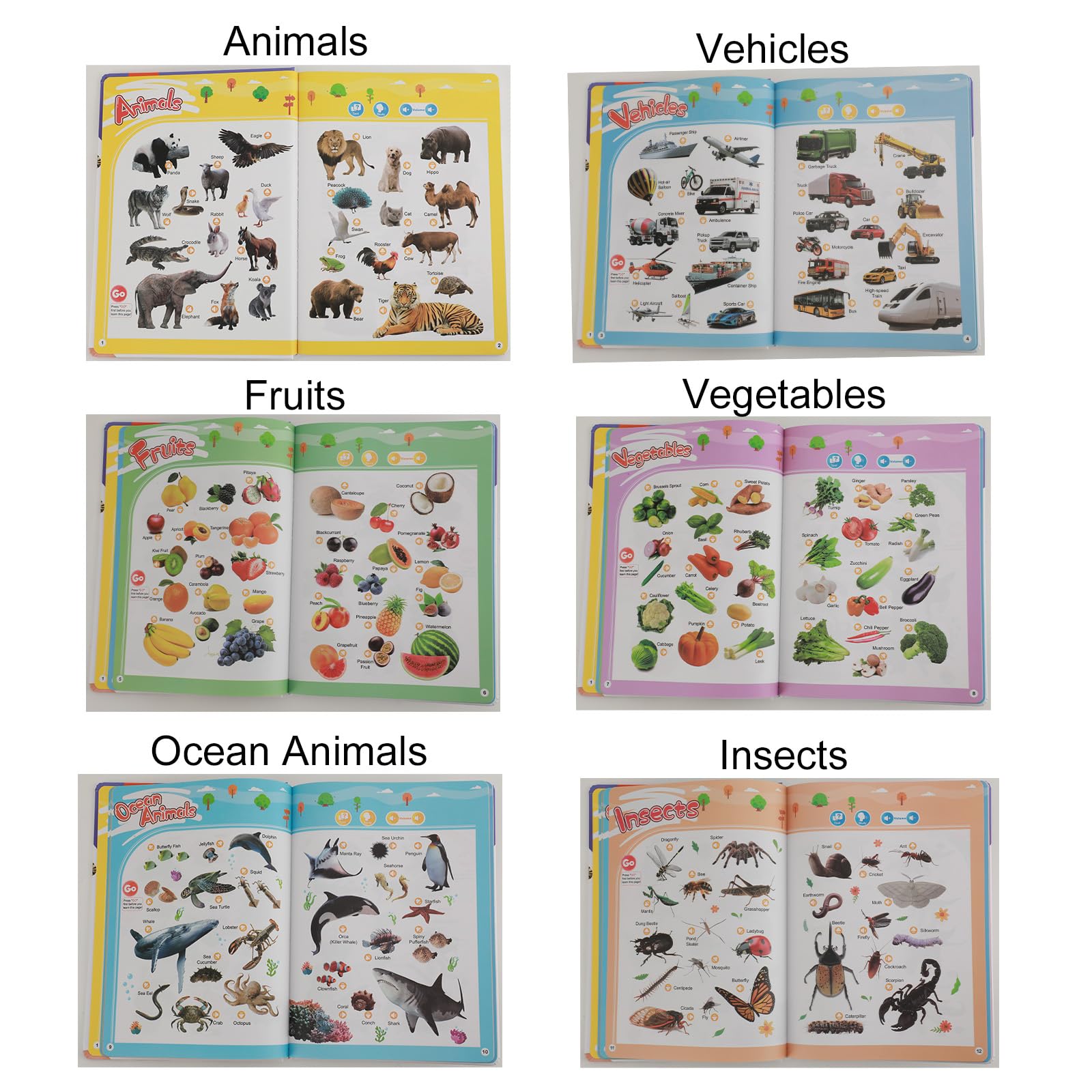 Close up of Eolythra sound book themes showing animals and vehicles