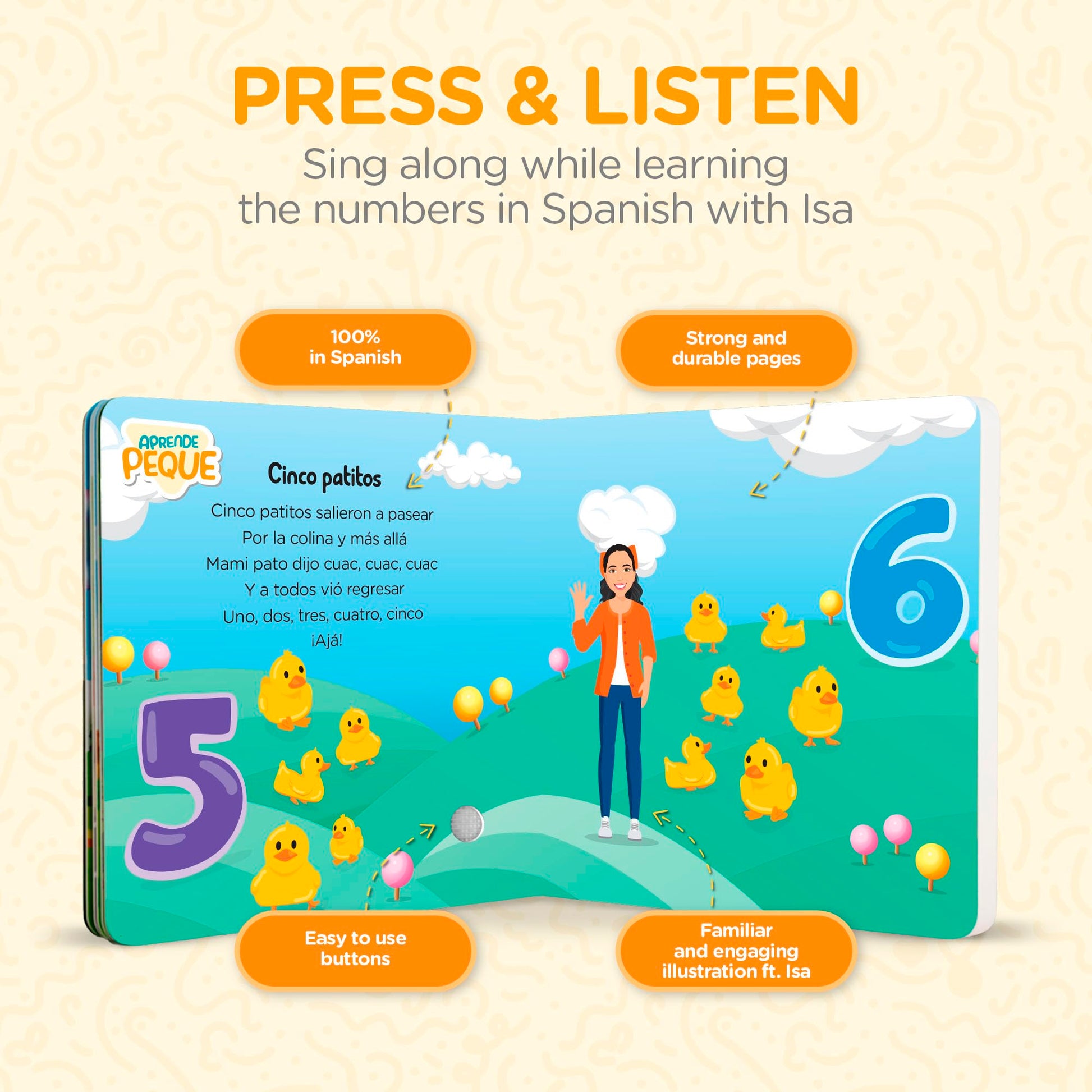 Close up of interactive number songs in Aprende Peque book