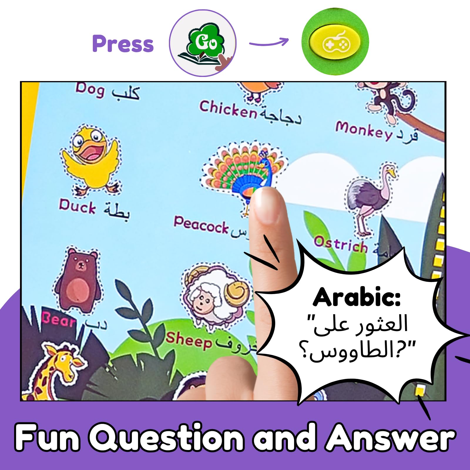 ZeenKind Arabic and English electronic book showing alphabet and animal illustrations.