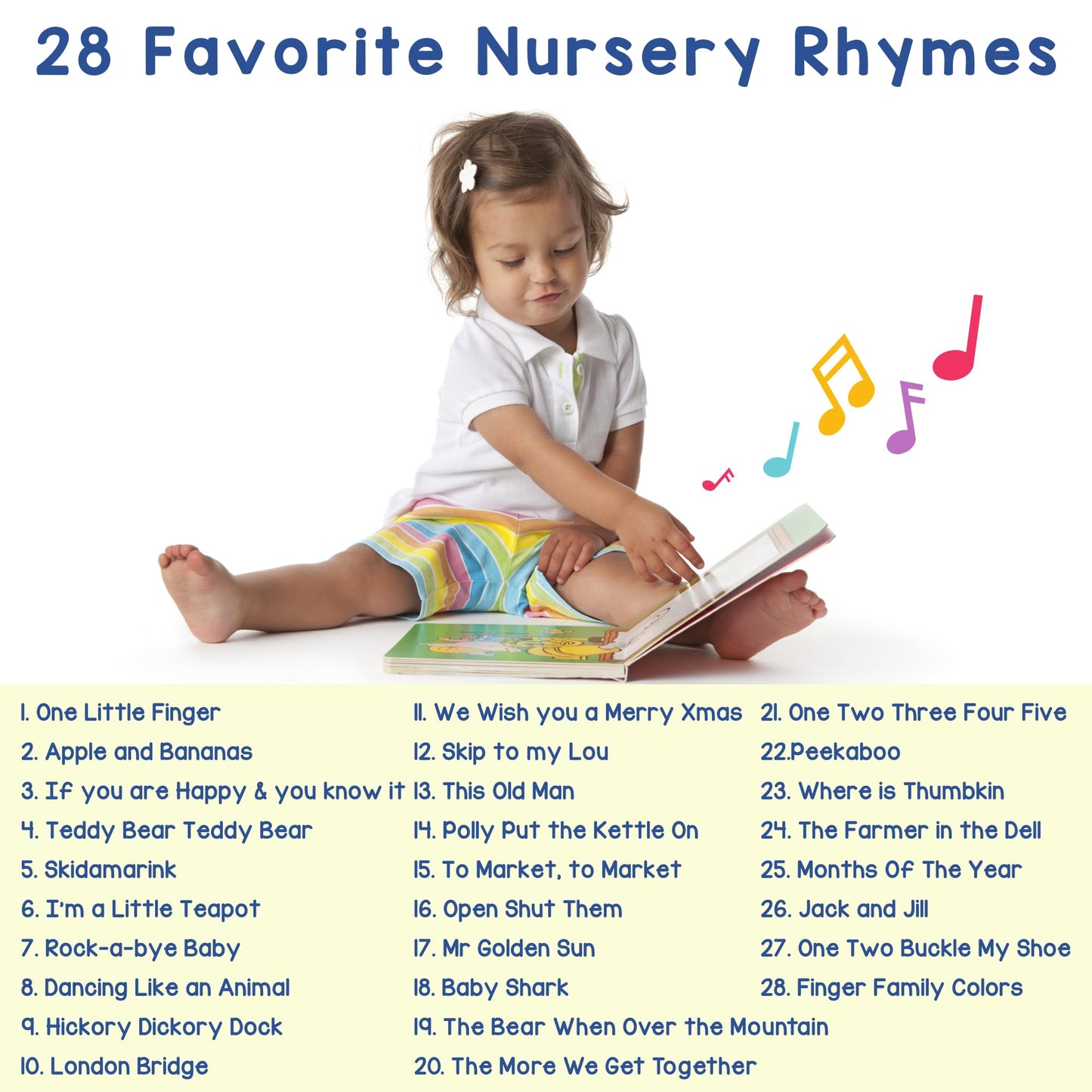 Toddler hands interacting with Learning Bugs 28-button musical nursery rhyme book