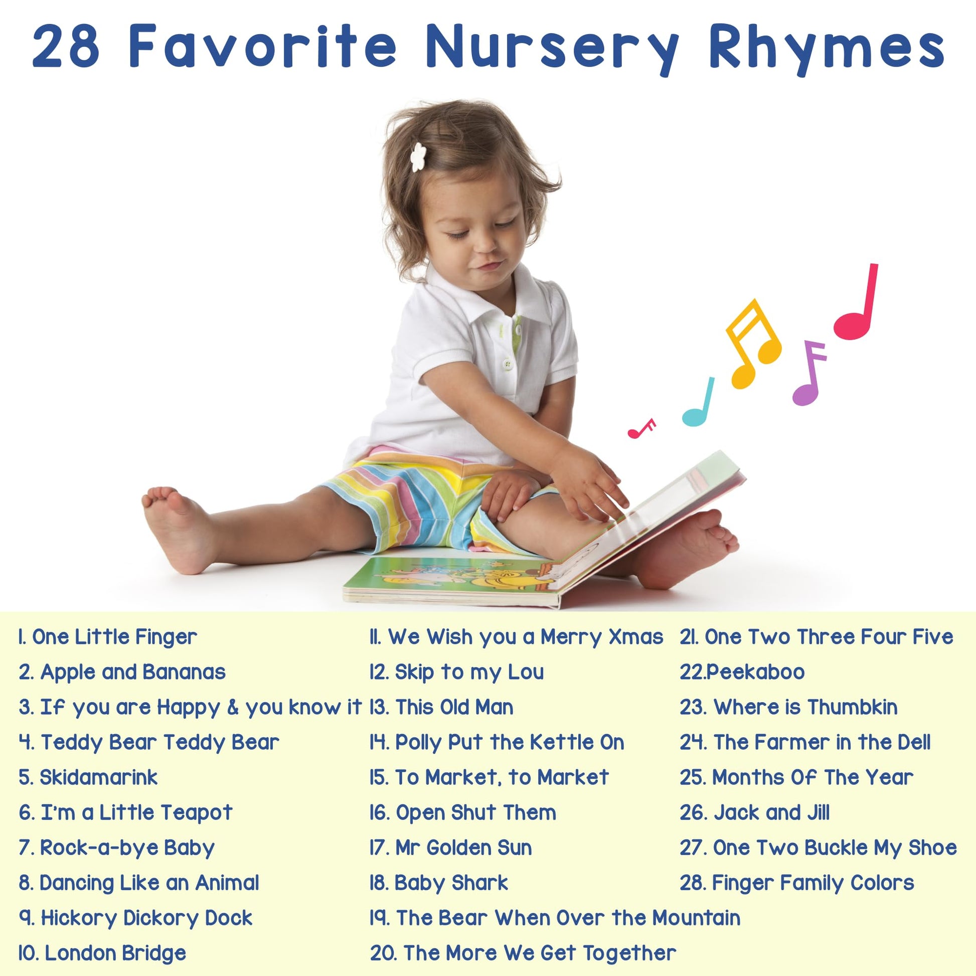 Toddler hands interacting with Learning Bugs 28-button musical nursery rhyme book