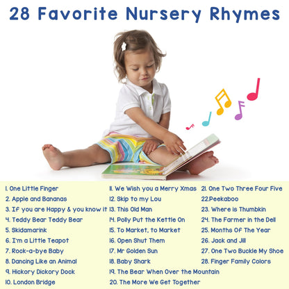 Toddler hands interacting with Learning Bugs 28-button musical nursery rhyme book