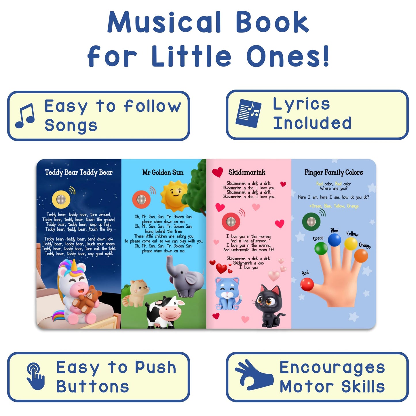 Learning Bugs musical book for toddlers showing the electronic button panel