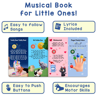 Learning Bugs musical book for toddlers showing the electronic button panel