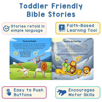 Toddler exploring colorful Bible story pages and sound buttons