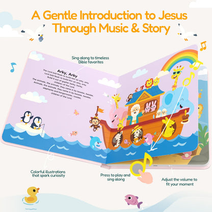 Pumiboo Christian song book for toddlers showing interactive buttons