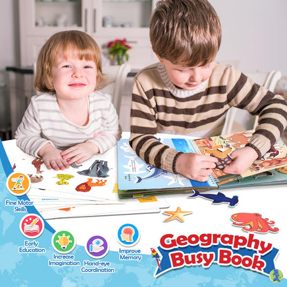 Child using WethCorp geography busy book interactive pieces