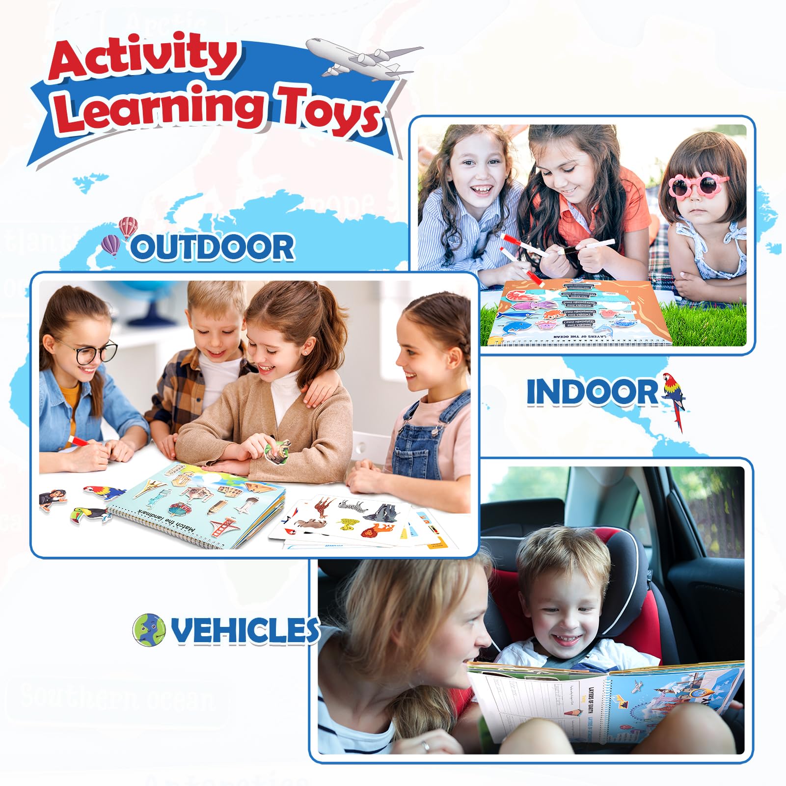 Geography learning book showing continent matching activity