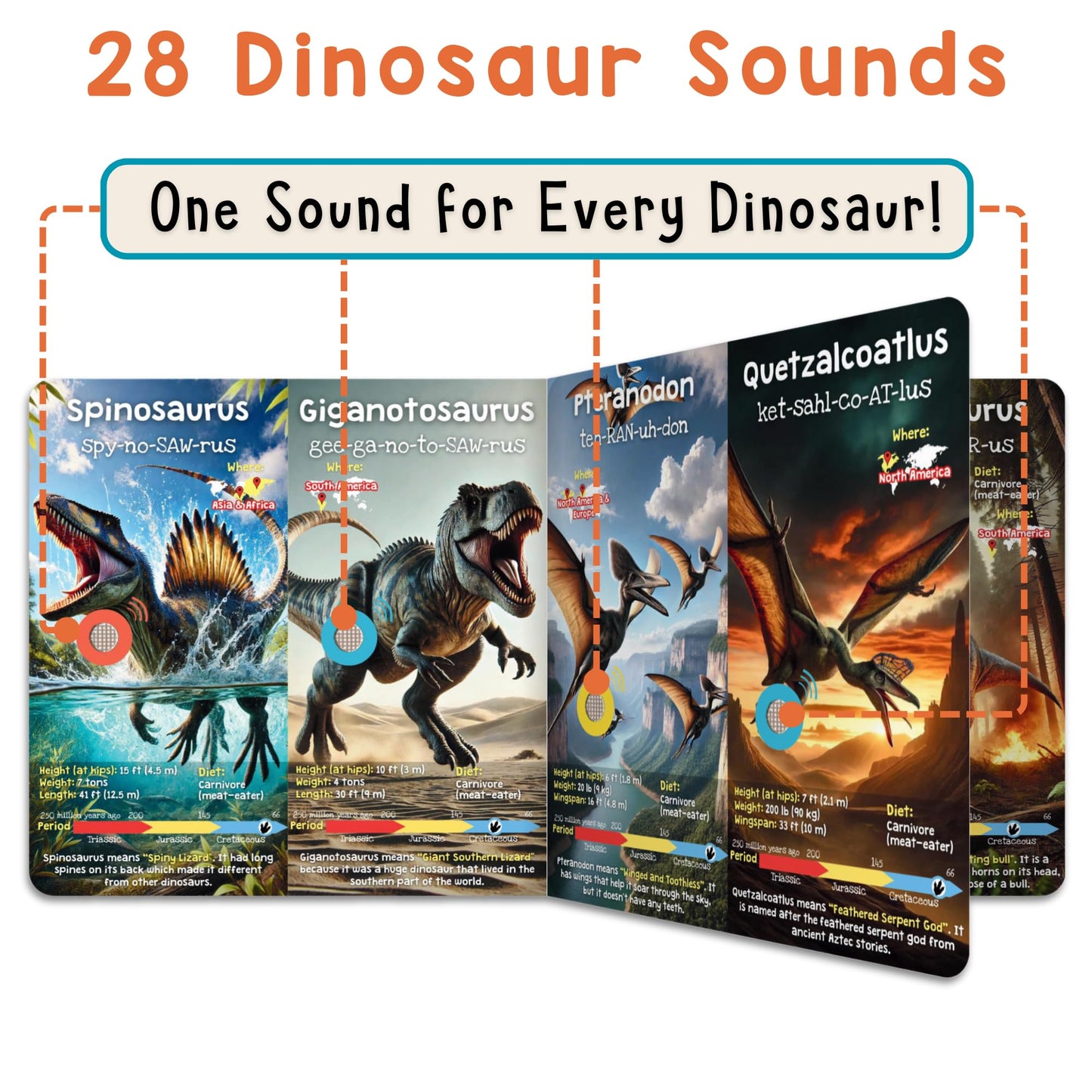 Interior page of Learning Bugs sound book showing land dinosaurs