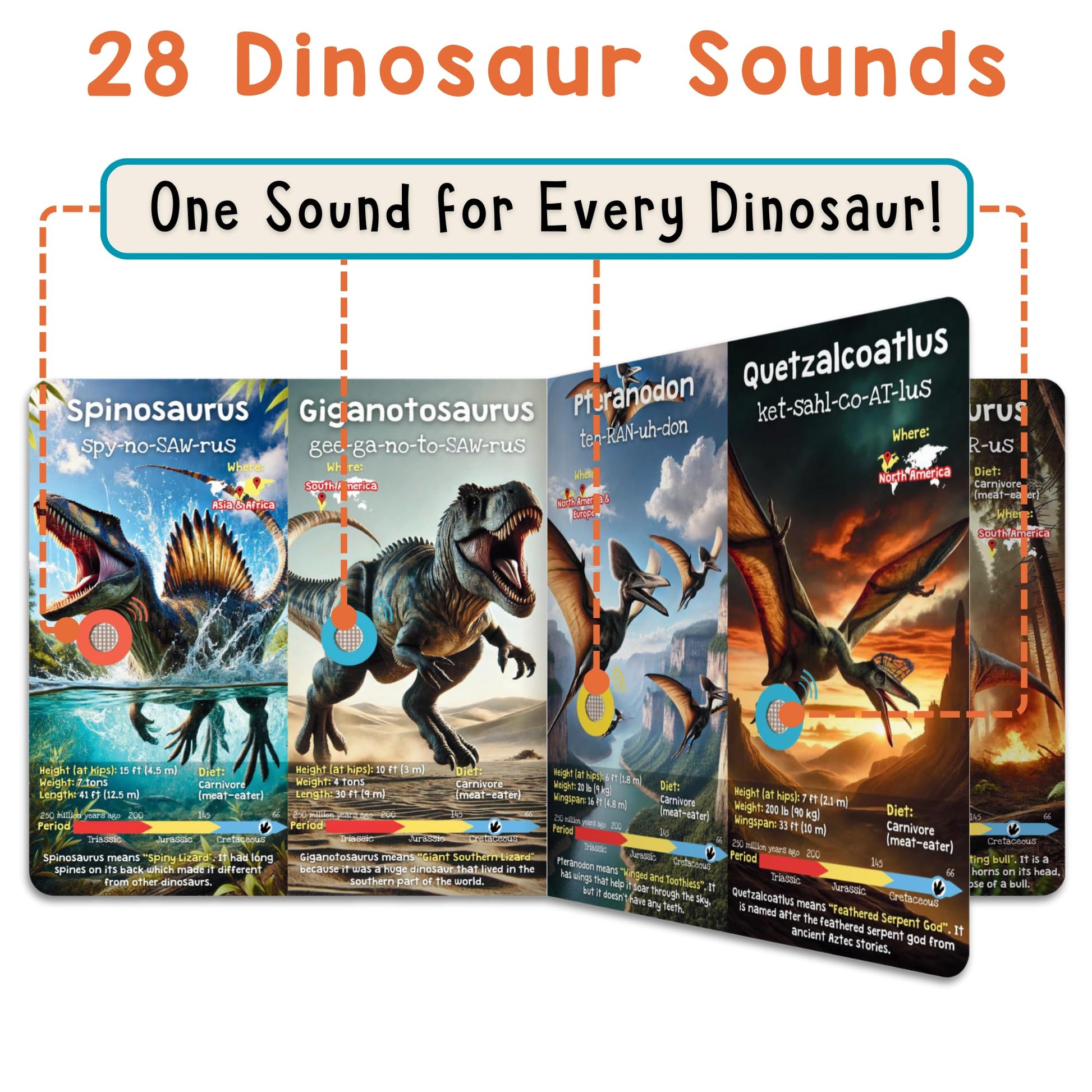 Interior page of Learning Bugs sound book showing land dinosaurs