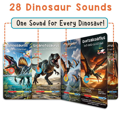 Interior page of Learning Bugs sound book showing land dinosaurs
