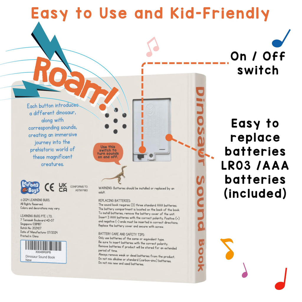 Back view of Learning Bugs sound book with battery compartment visible