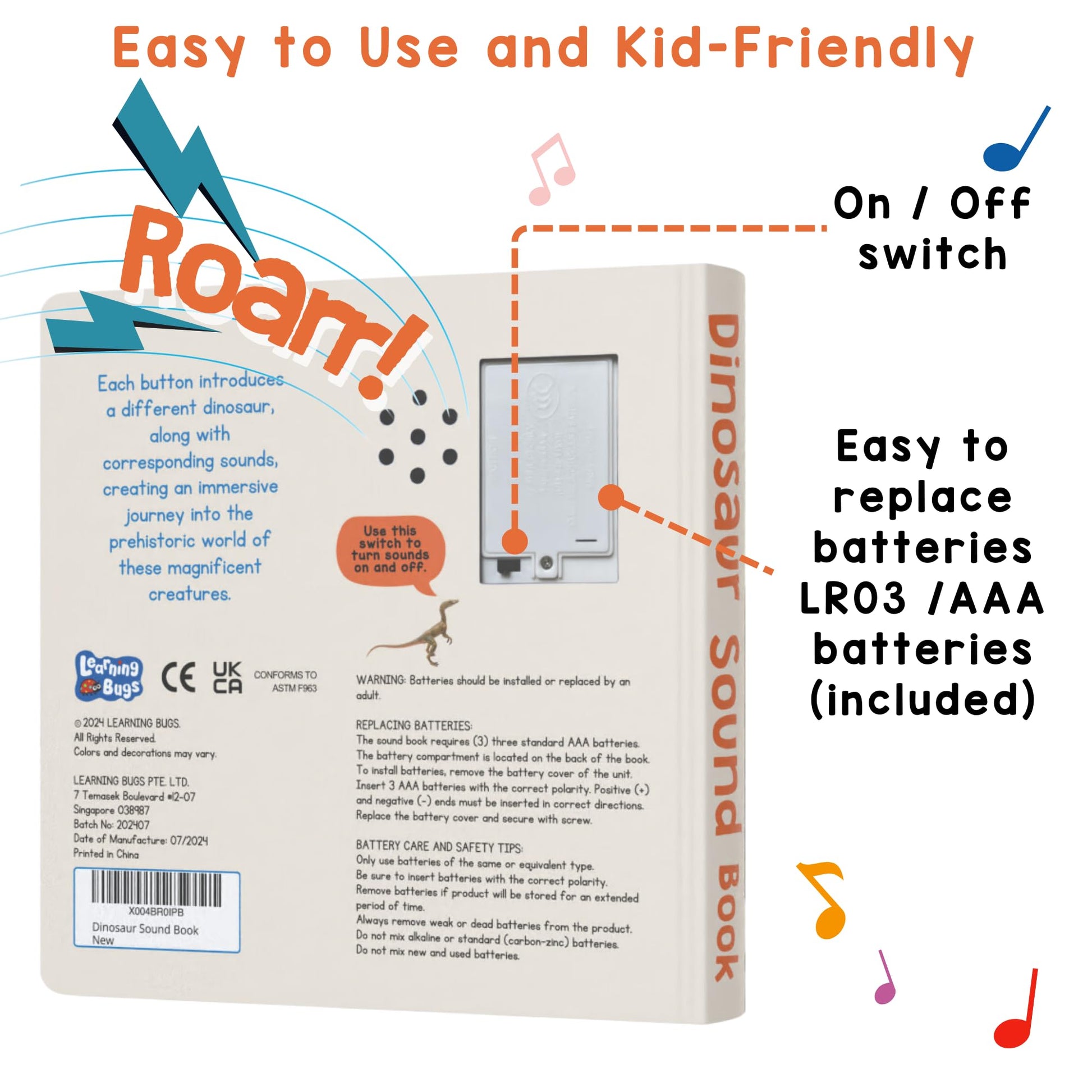 Back view of Learning Bugs sound book with battery compartment visible