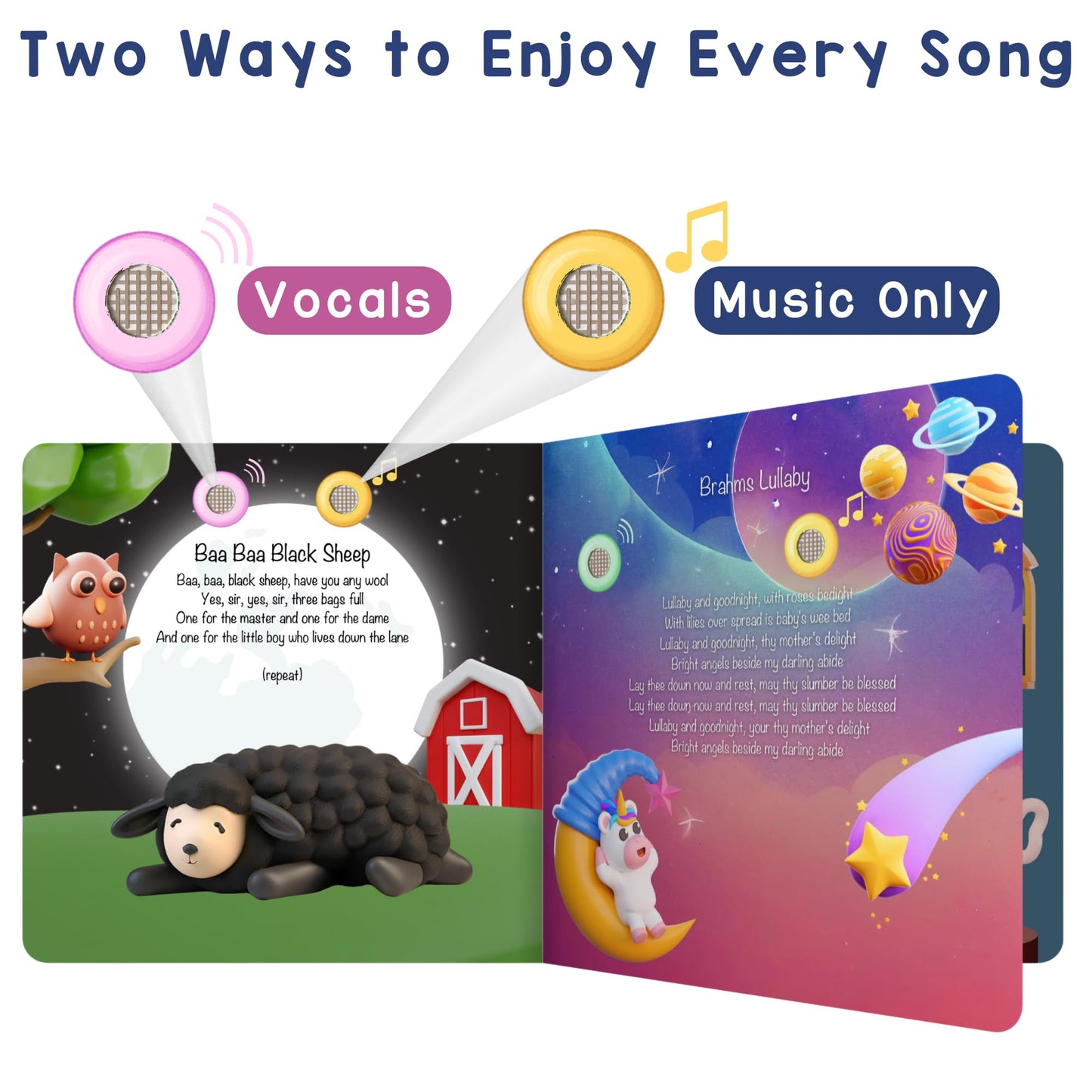 Toddler hands interacting with Learning Bugs song book pages