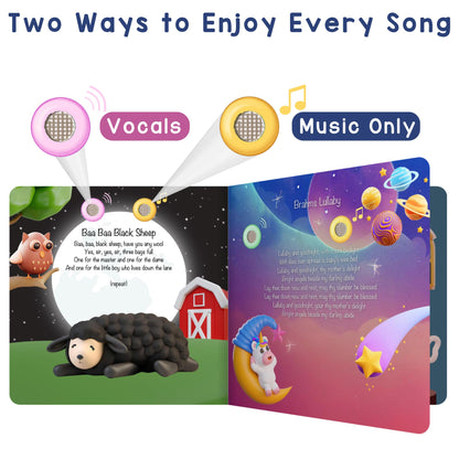 Toddler hands interacting with Learning Bugs song book pages