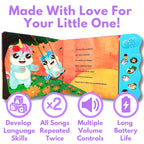 Toddler hands interacting with the colorful pages of the musical sound book