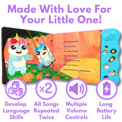Toddler hands interacting with the colorful pages of the musical sound book