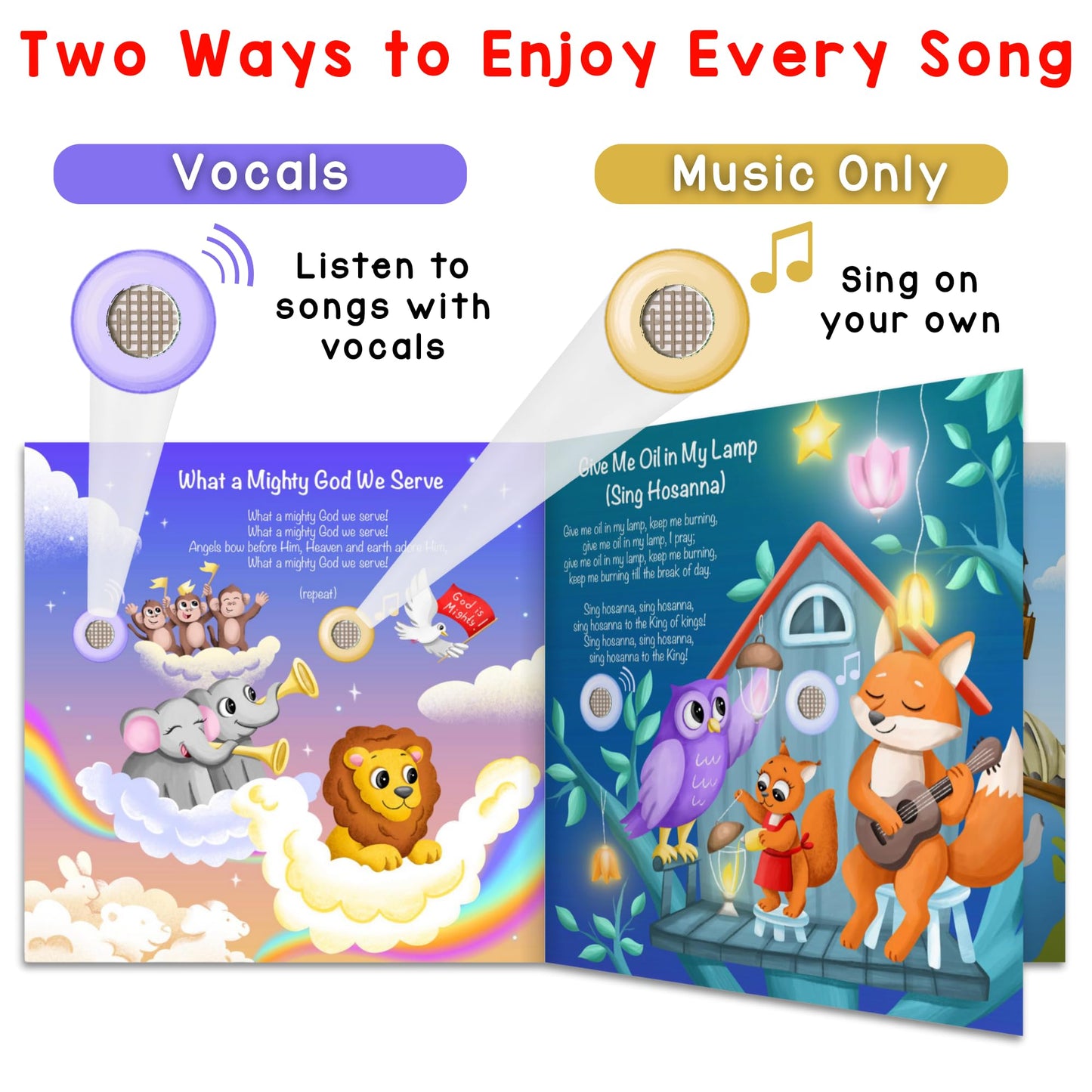 Toddler hands interacting with Learning Bugs musical faith book