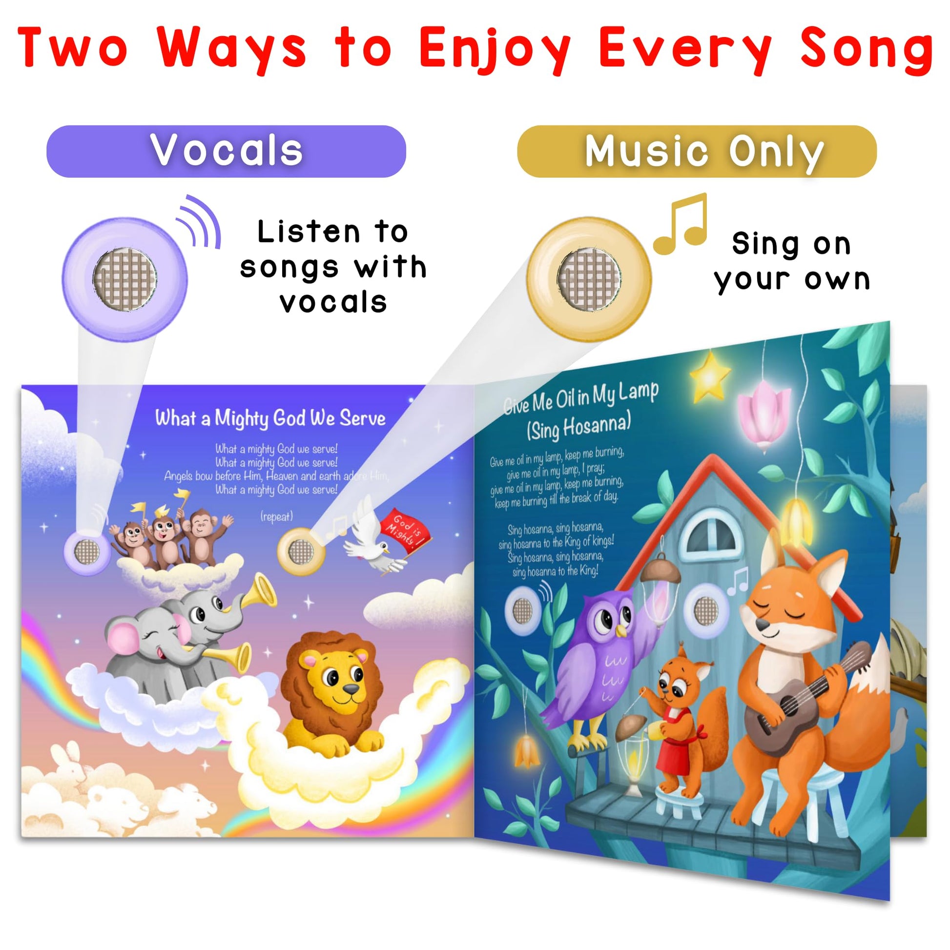 Toddler hands interacting with Learning Bugs musical faith book