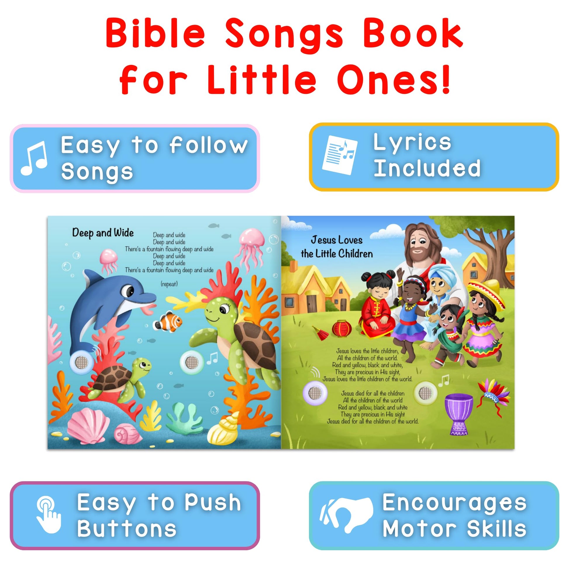 Internal pages of Learning Bugs Bible songs book with colorful illustrations