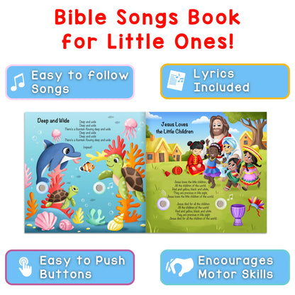 Internal pages of Learning Bugs Bible songs book with colorful illustrations