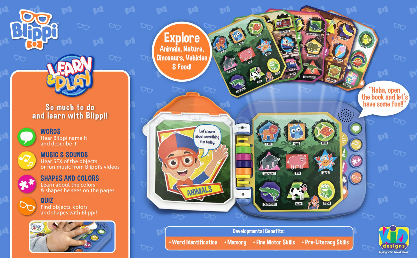 Ekids Blippi learning book showing interactive buttons