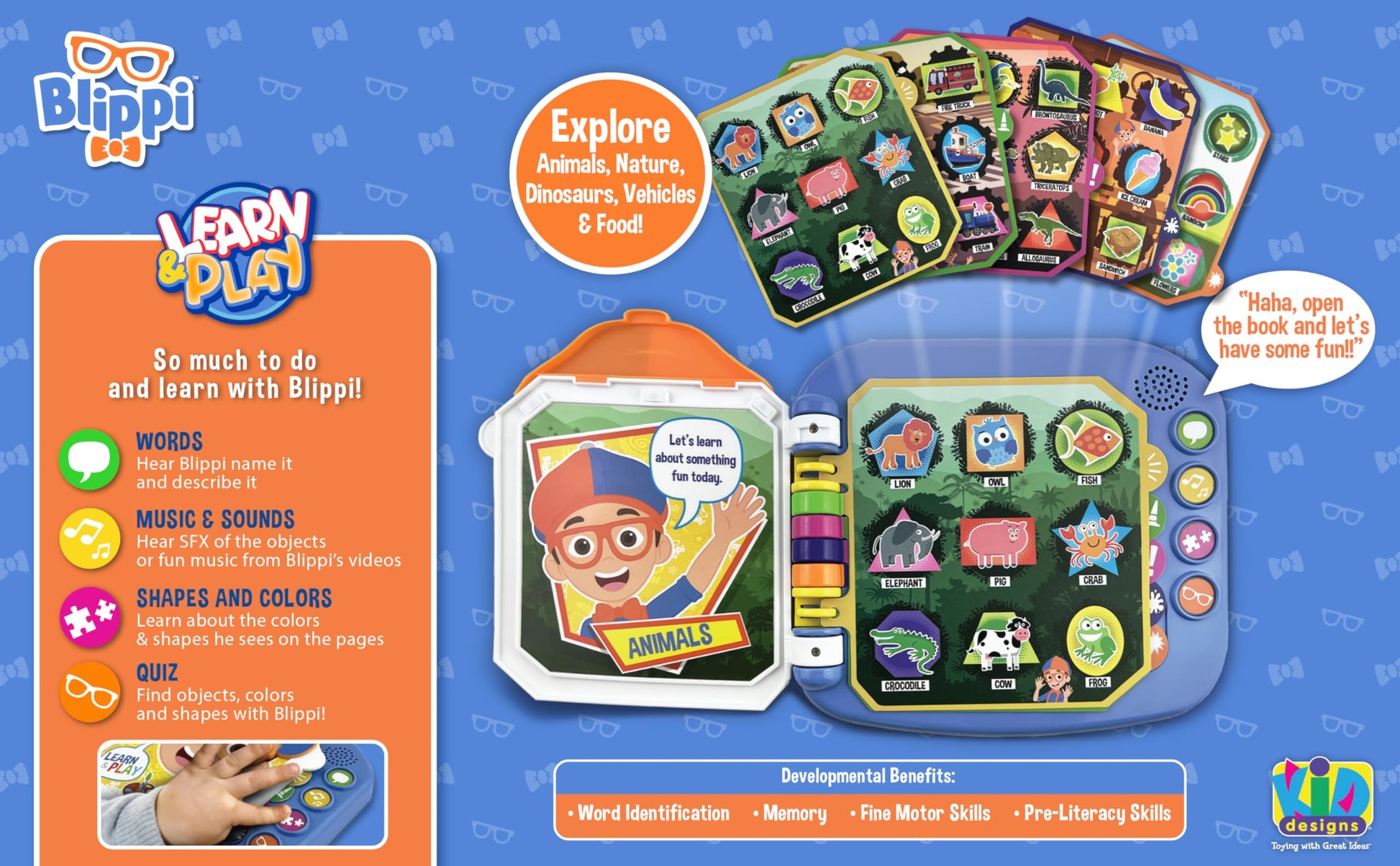 Ekids Blippi learning book showing interactive buttons
